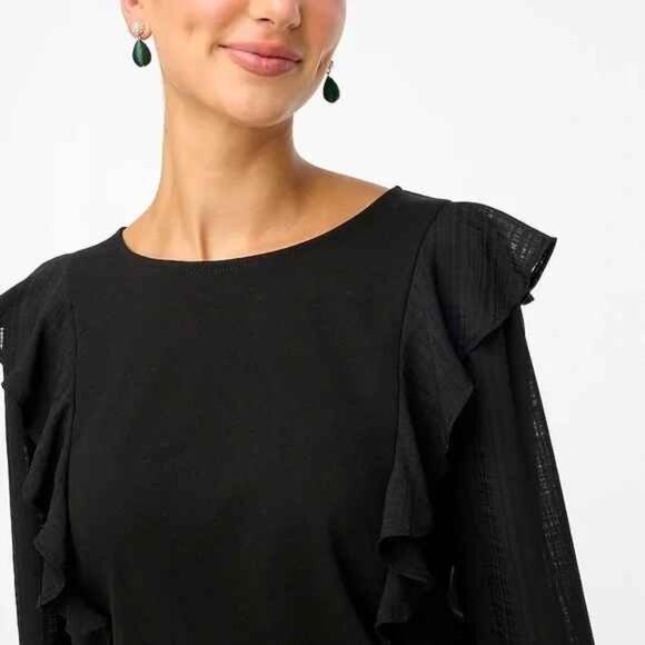 Brand New J. Crew Ruffle-Shoulder Top with Plaid Jacquard Sleeves Pullover XS - Picture 2 of 6